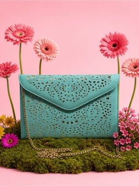 Women's Teal Laser-Cut Envelope Crossbody Bag